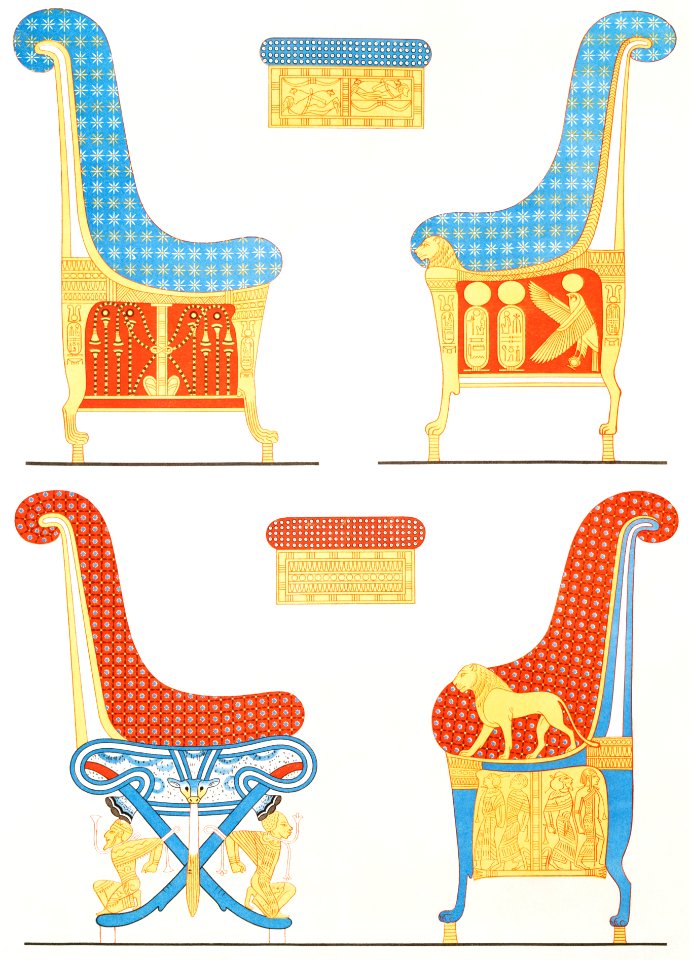 Armchairs of Ramses III from Histoire de l'art égyptien (1878) by Émile Prisse d'Avennes.
