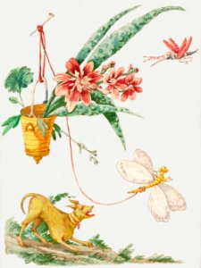 Floral Design with Dog and Insects (1774) by Giacomo Cavenezia.. Free illustration for personal and commercial use.