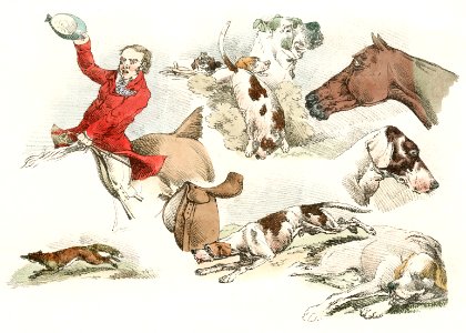 Vintage Illustration showing mounted hunter, running dogs and a fox from Sporting Sketches (1817-1818) by Henry Alken (1784-1851).. Free illustration for personal and commercial use.