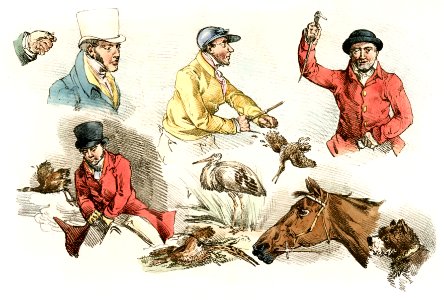 Illustration of hunters, animals and birds from Sporting Sketches (1817-1818) by Henry Alken (1784-1851).