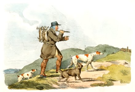 Illustration of a hunter with rabbits from Sporting Sketches (1817-1818) by Henry Alken (1784-1851).