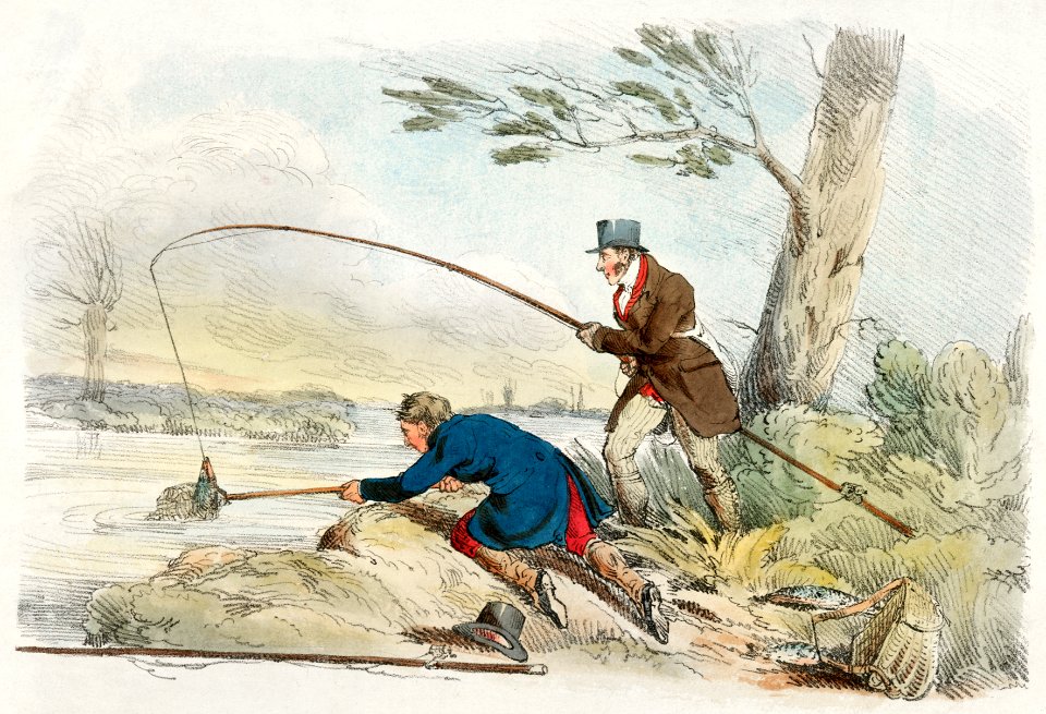 Illustration of fishing from Sporting Sketches (1817-1818) by Henry Alken (1784-1851).. Free illustration for personal and commercial use.