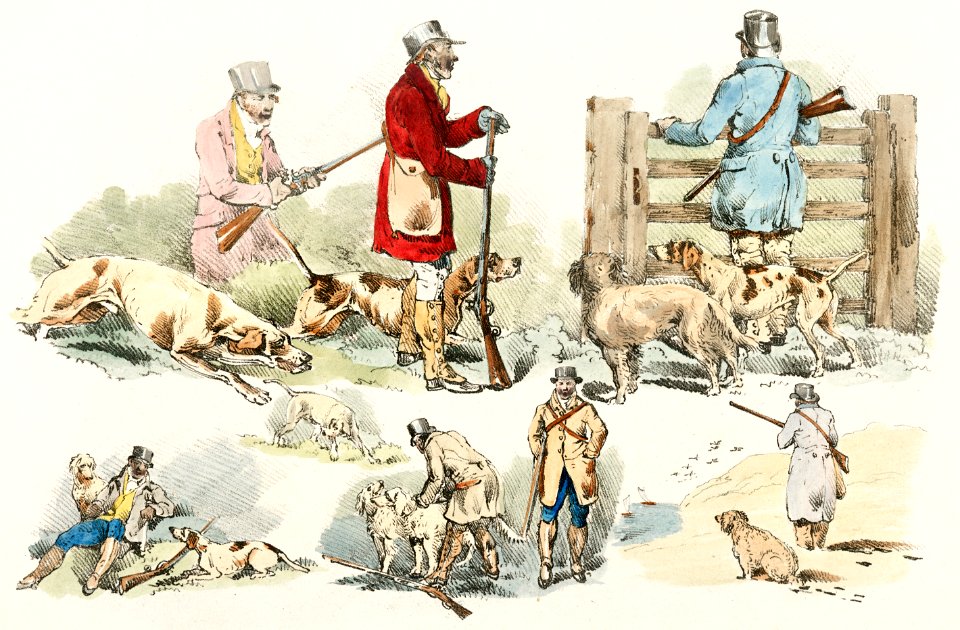 Illustration of hunters with their dogs from Sporting Sketches (1817-1818) by Henry Alken (1784-1851).
