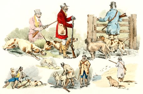 Illustration of hunters with their dogs from Sporting Sketches (1817-1818) by Henry Alken (1784-1851).. Free illustration for personal and commercial use.