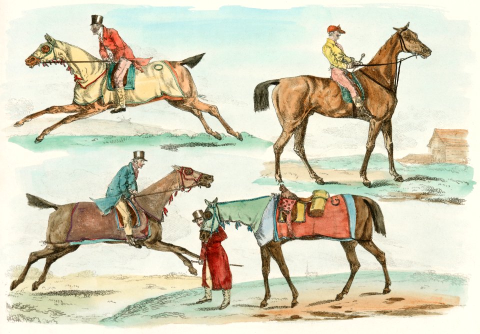Illustration of hunters training their horses from Sporting Sketches (1817-1818) by Henry Alken (1784-1851).
