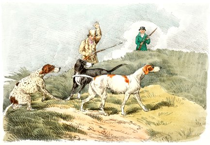 Illustration of hunting scene (dogs ready to hounddown) from Sporting Sketches (1817-1818) by Henry Alken (1784-1851).