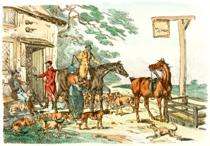 Illustration of hunters before hunting from Sporting Sketches (1817-1818) by Henry Alken (1784-1851).