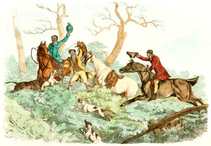 Illustration of successful fox hunting from Sporting Sketches (1817-1818) by Henry Alken (1784-1851).