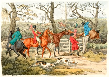 Illustration of sportsmen within an enclosure from Sporting Sketches (1817-1818) by Henry Alken (1784-1851).