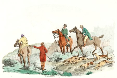 Illustration of men riding towards hounds from Sporting Sketches (1817-1818) by Henry Alken (1784-1851).. Free illustration for personal and commercial use.