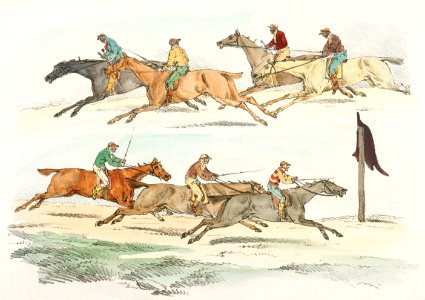 Illustration of horse race from Sporting Sketches (1817-1818) by Henry Alken (1784-1851).. Free illustration for personal and commercial use.