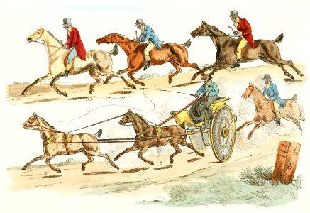 Illustration of a race with a carriage from Sporting Sketches (1817-1818) by Henry Alken (1784-1851).. Free illustration for personal and commercial use.
