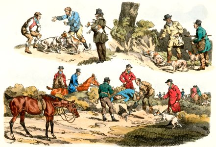 Illustration of hunter trying to get animal from its burrow from Sporting Sketches (1817-1818) by Henry Alken (1784-1851).