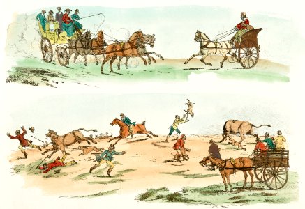 Illustration of chaos in the hunt from Sporting Sketches (1817-1818) by Henry Alken (1784-1851).