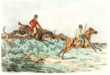 Illustration of men clearing hurdle during a hunting from Sporting Sketches (1817-1818) by Henry Alken (1784-1851).