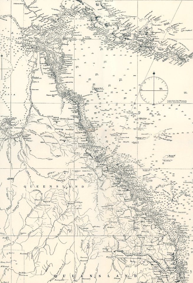 Chart of the Great Barrier Reef Area from The Great Barrier Reef of Australia (1893) by William Saville-Kent (1845-1908). Digitally enhanced from our own original edition.