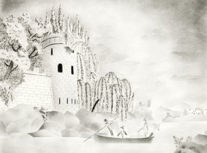 The Lonely Tower (Castle on a River with Willows and a Boat) by Mary Altha Nims (1817–1907).. Free illustration for personal and commercial use.
