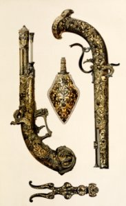 Pistols engraved and inlaid with Damascene work by Zuloaga of Madrid from the Industrial arts of the Nineteenth Century (1851-1853) by Sir Matthew Digby wyatt (1820-1877).. Free illustration for personal and commercial use.