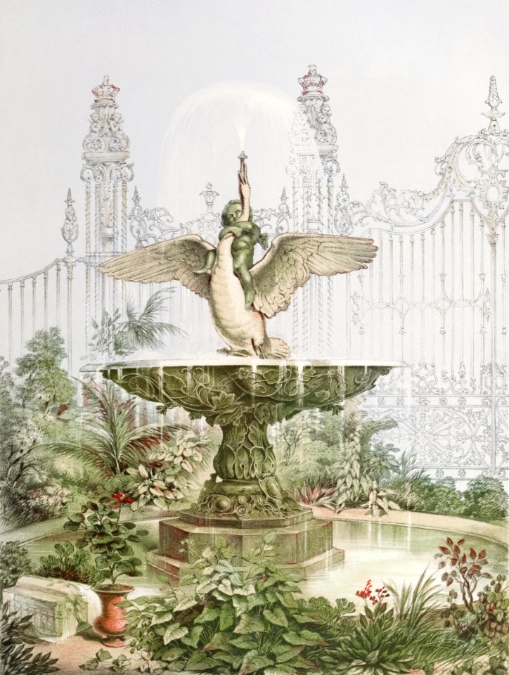 Fountain and ornamental gates from the Industrial arts of the Nineteenth Century (1851-1853) by Sir Matthew Digby wyatt (1820-1877).