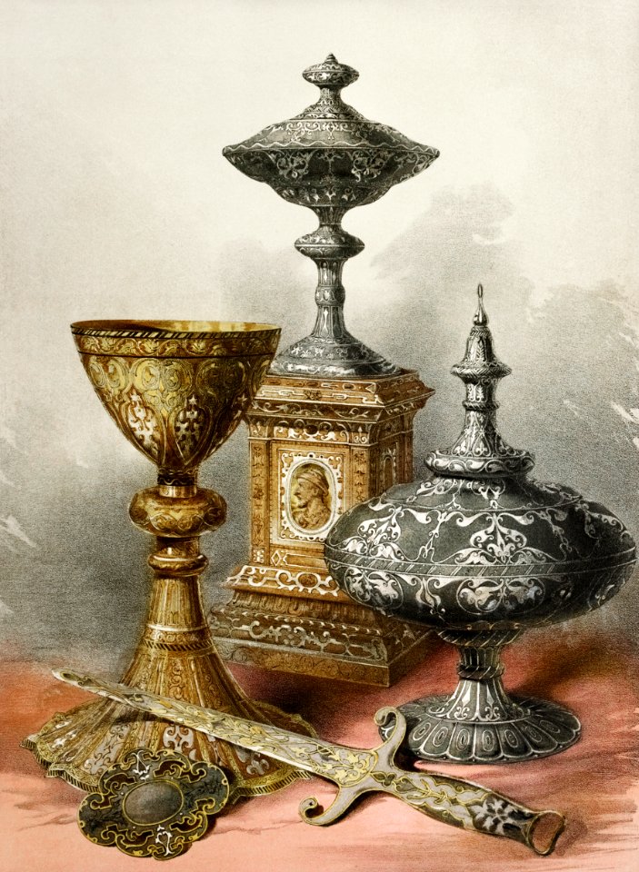 Group of objects enriched with damascening from the Industrial arts of the Nineteenth Century (1851-1853) by Sir Matthew Digby wyatt (1820-1877).