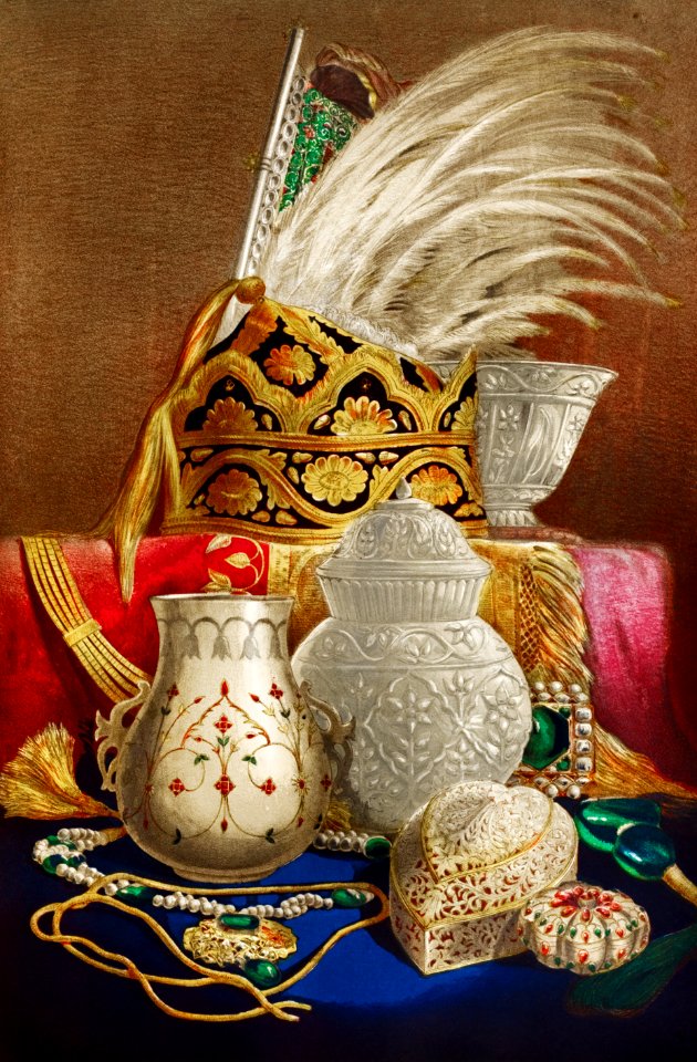 Group of crystal vases and Indian jewellery from the Industrial arts of the Nineteenth Century (1851-1853) by Sir Matthew Digby wyatt (1820-1877).