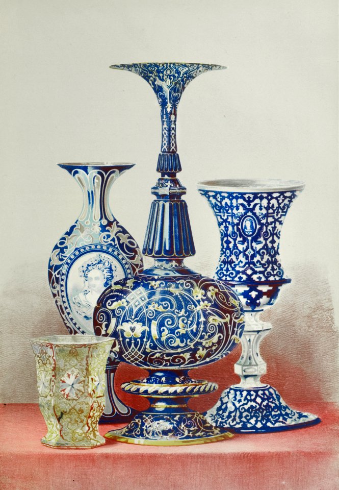 Group of glass from the Industrial arts of the Nineteenth Century (1851-1853) by Sir Matthew Digby wyatt (1820-1877).
