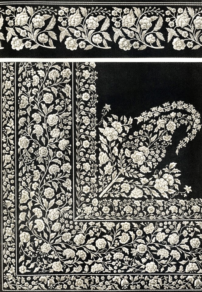 Indian embroidery in white silk on black net from the Industrial arts of the Nineteenth Century (1851-1853 by Sir Matthew Digby wyatt (1820-1877).