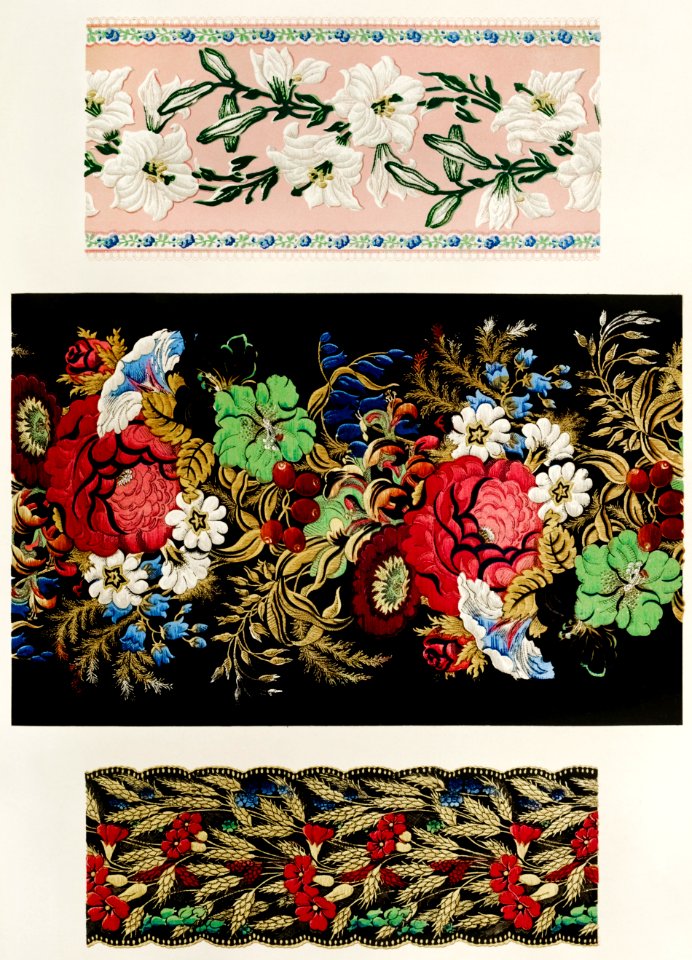 Coventry ribbon and specimens of ribbons from the Industrial arts of the Nineteenth Century (1851-1853) by Sir Matthew Digby wyatt (1820-1877).