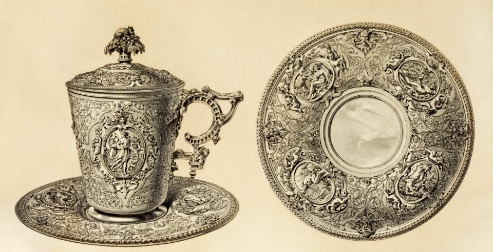 Chocolate cup in silver from the Industrial arts of the Nineteenth Century (1851-1853) by Sir Matthew Digby wyatt (1820-1877).