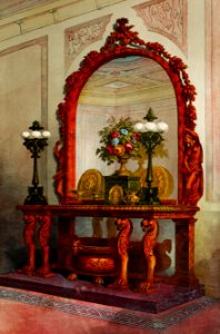 Sideboard with glass and furniture from the Industrial arts of the Nineteenth Century (1851-1853) by Sir Matthew Digby wyatt (1820-1877).. Free illustration for personal and commercial use.