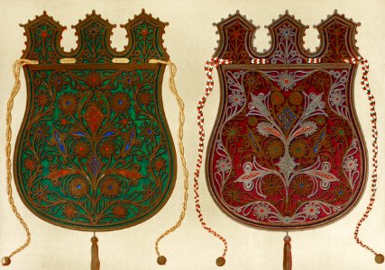 Embroidered bags from Greece from the Industrial arts of the Nineteenth Century (1851-1853) by Sir Matthew Digby wyatt (1820-1877).. Free illustration for personal and commercial use.