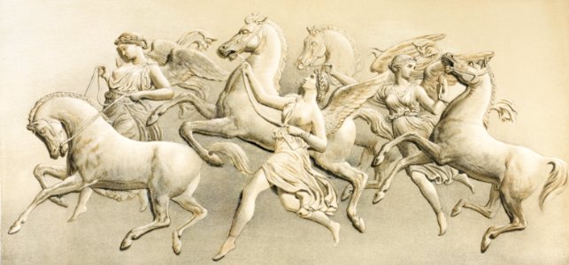 Hours leading forth the horses of the sun from the Industrial arts of the Nineteenth Century (1851-1853) by Sir Matthew Digby wyatt (1820-1877).. Free illustration for personal and commercial use.