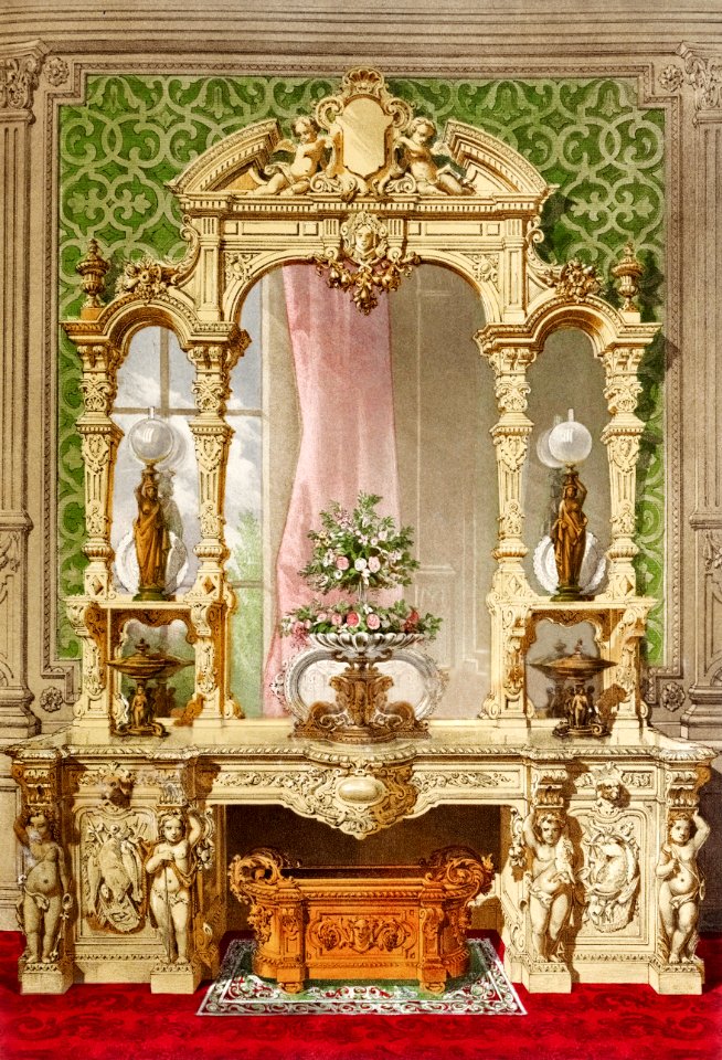 Sideboard carved in oak from the Industrial arts of the Nineteenth Century (1851-1853) by Sir Matthew Digby wyatt (1820-1877).