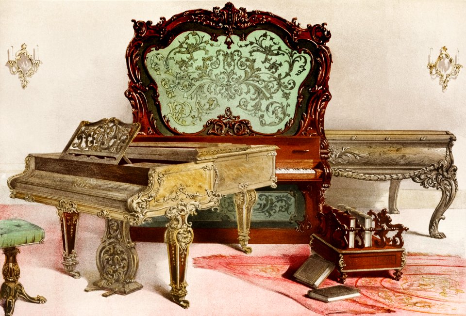 Pianofortes from the Industrial arts of the Nineteenth Century (1851-1853) by Sir Matthew Digby wyatt (1820-1877).