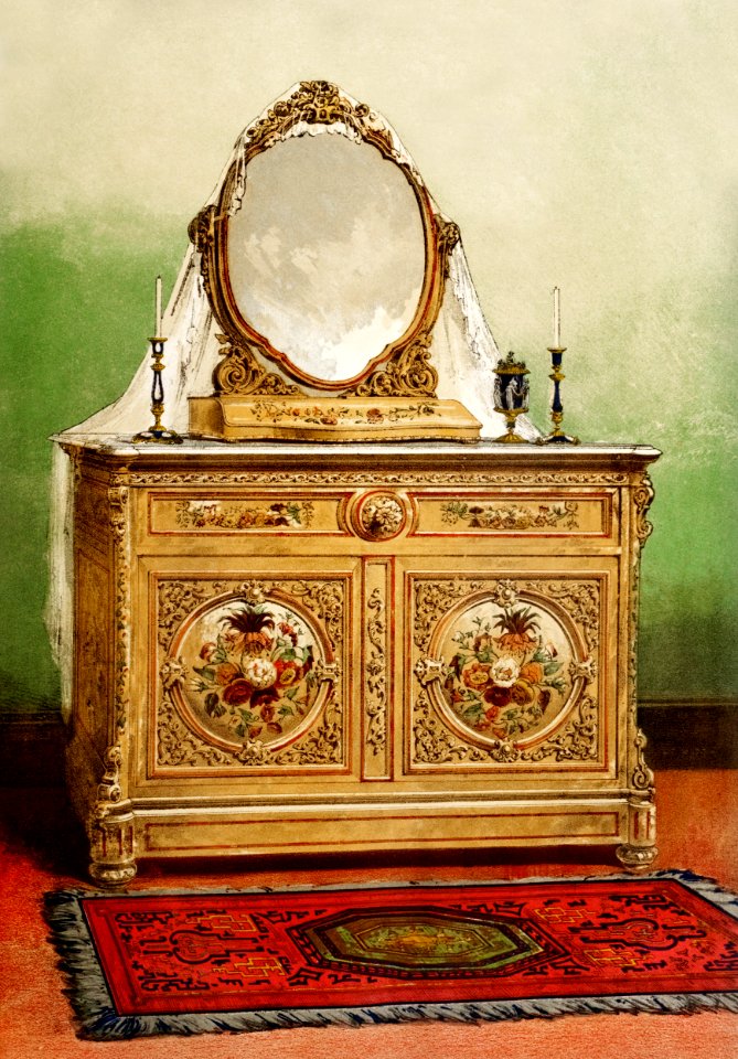 Bed room furniture in marqueterie from the Industrial arts of the Nineteenth Century (1851-1853) by Sir Matthew Digby wyatt (1820-1877).