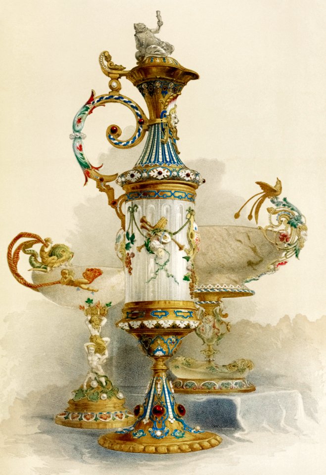 Group of enamelled objects from the Industrial arts of the Nineteenth Century (1851-1853) by Sir Matthew Digby wyatt (1820-1877).