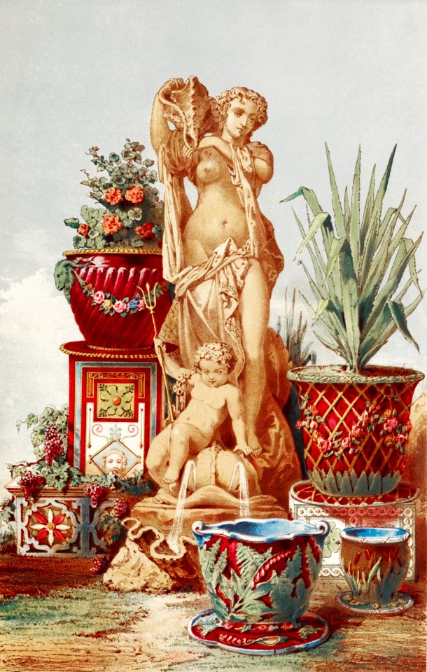 Terra cotta figure of Galatea and group of majolica garden vases from the Industrial arts of the Nineteenth Century (1851-1853) by Sir Matthew Digby wyatt (1820-1877).