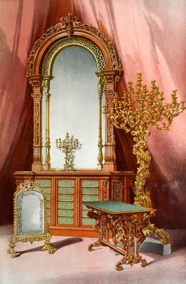 Group of furniture from the Industrial arts of the Nineteenth Century (1851-1853) by Sir Matthew Digby wyatt (1820-1877).