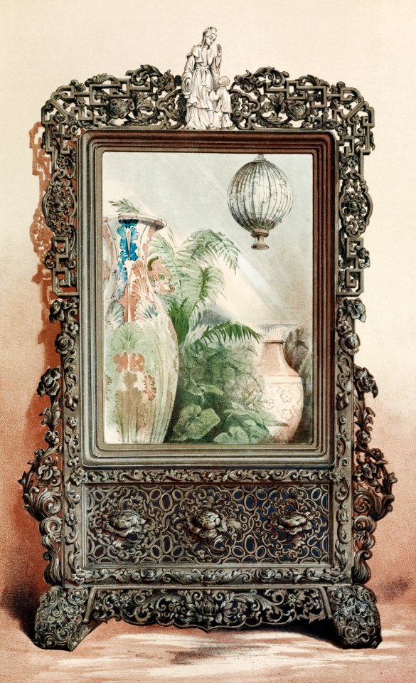 Chinese looking glass in carved wood frame from the Industrial arts of the Nineteenth Century (1851-1853) by Sir Matthew Digby wyatt (1820-1877).