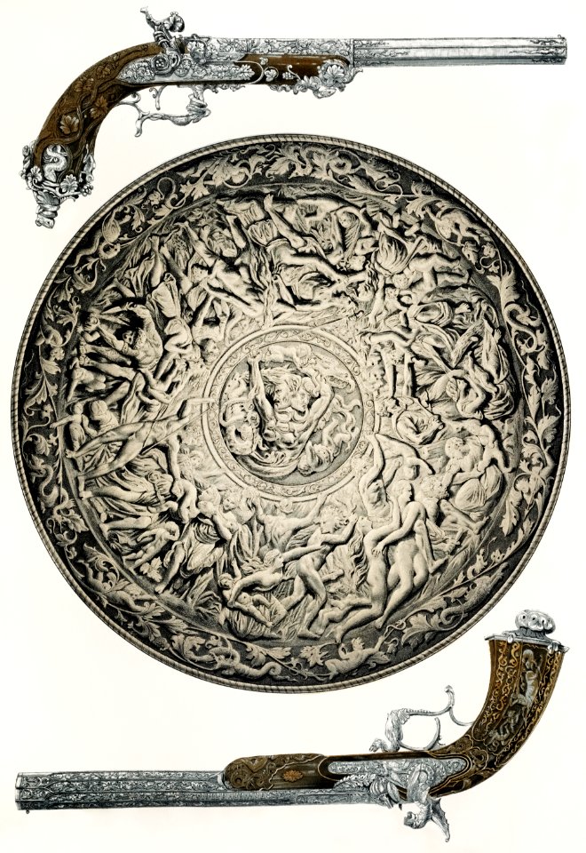 A shield in iron and guns from the Industrial arts of the Nineteenth Century (1851-1853) by Sir Matthew Digby wyatt (1820-1877).