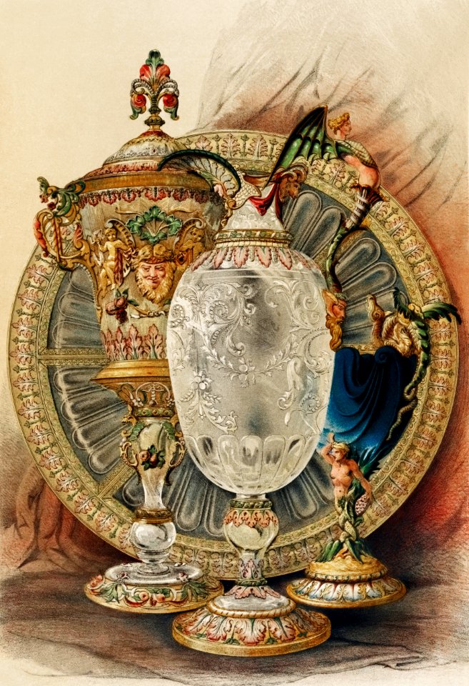 Enamelled vase and dish from the Industrial arts of the Nineteenth Century (1851-1853) by Sir Matthew Digby wyatt (1820-1877).