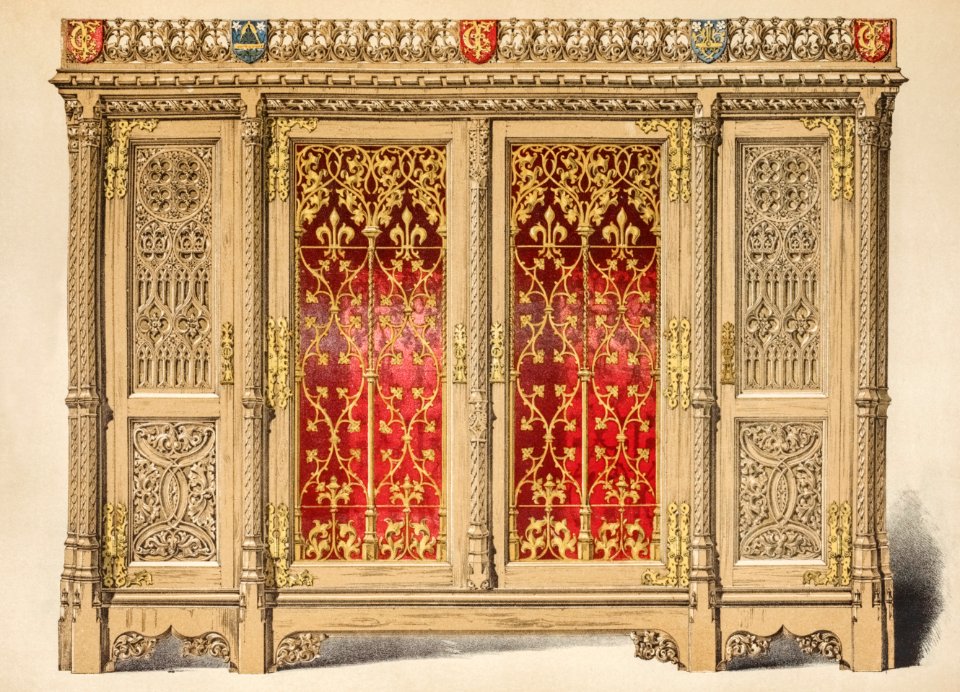 Cabinet in oak with brass panels from the Industrial arts of the Nineteenth Century (1851-1853) by Sir Matthew Digby wyatt (1820-1877).