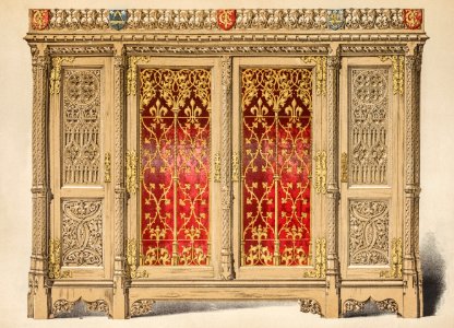 Cabinet in oak with brass panels from the Industrial arts of the Nineteenth Century (1851-1853) by Sir Matthew Digby wyatt (1820-1877).. Free illustration for personal and commercial use.