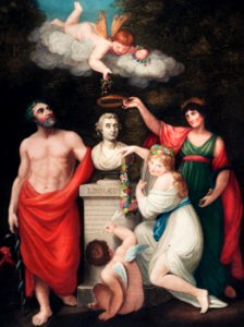 Flora, Aesculapius, Ceres, with Cupid, Honoring the Bust of Linnaeus from The Temple of Flora (1807) by Robert John Thornton.