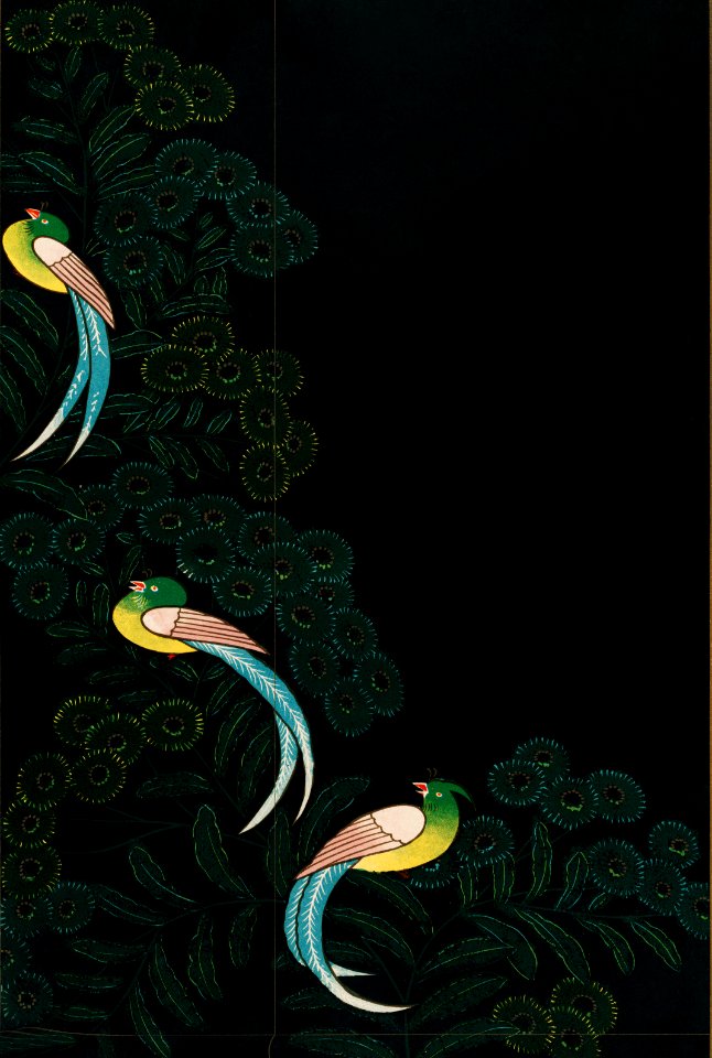 Traditional illustration lithograph of kimono design, three colorful birds in a black background. Digitally enhanced from our own antique plate.