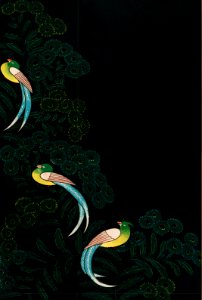 Traditional illustration lithograph of kimono design, three colorful birds in a black background. Digitally enhanced from our own antique plate.. Free illustration for personal and commercial use.