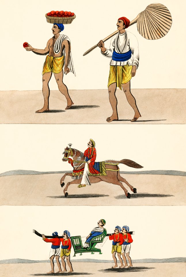Fruit seller, wealthy man on horseback, and a rich indigenous man riding a carrier chair from Axel Lind von Hageby (1857-1859). Digitally enhanced from our own original chromolithographic plate.