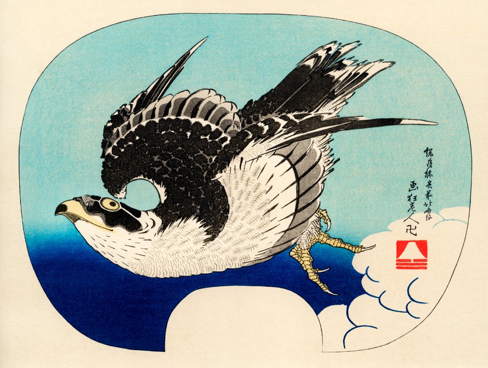 The ukiyo-e illustration, Hawk by Katsushika Hokusai (1849), a portrait of a flying hawk in the sky. Digitally enhanced from our own antique wood block print.