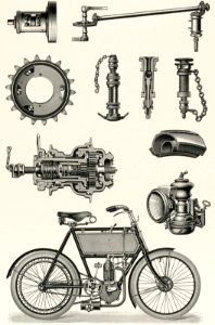 Fahrrader 2 (1894) from the German series, Meyers Konversations Lexikon, a black and white lithograph of different bicycle parts. Digitally enhanced from our own original lithographic plate.. Free illustration for personal and commercial use.