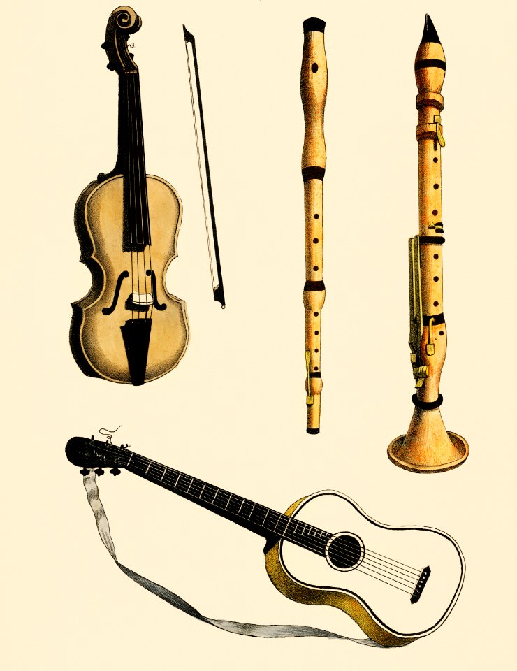 Musik (1850) published in Copenhagen, a vintage illustration of a violin, classical guitar and flute variants. Digitally enhanced from our own original chromolithograph.